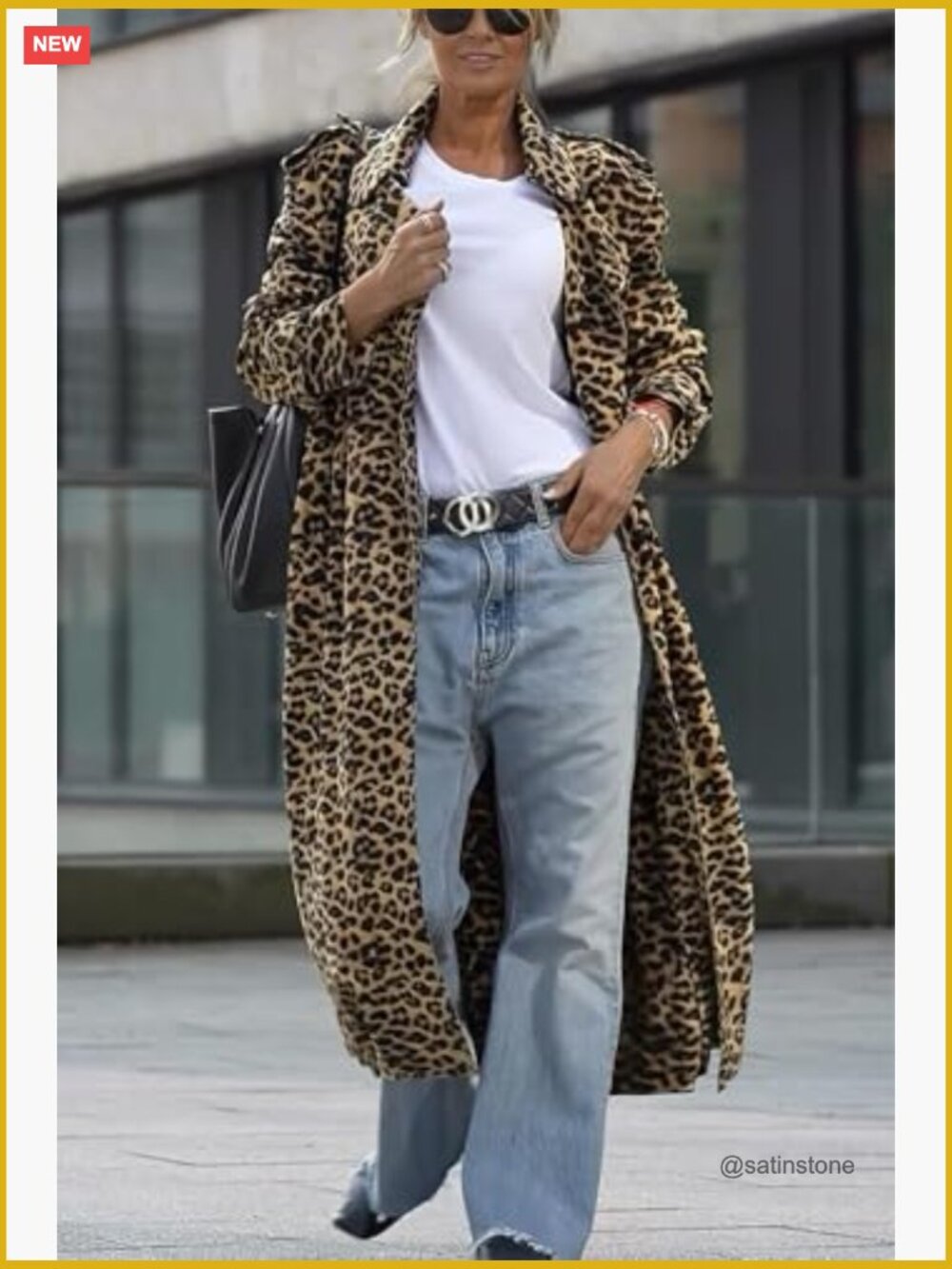 Faux Suede Notch Lapel Leopard Print Duster Trench Coat Loose Pea Coat - Picture 4 of 7